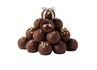 Pyramid of Dark Chocolate Truffles with Chopped Nuts and a Silver Ribbon on Top Isolated on Black