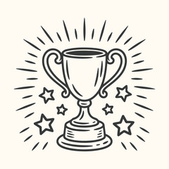 Vector art of a handdrawn illustration of a trophy with radiating lines and stars, symbolizing victory and achievement