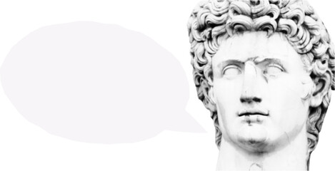 Ancient greek statue head and speech bubble, contemporary collage with halftone effect for modern art. Punk antique bust, vintage grunge aesthetic, neon color.