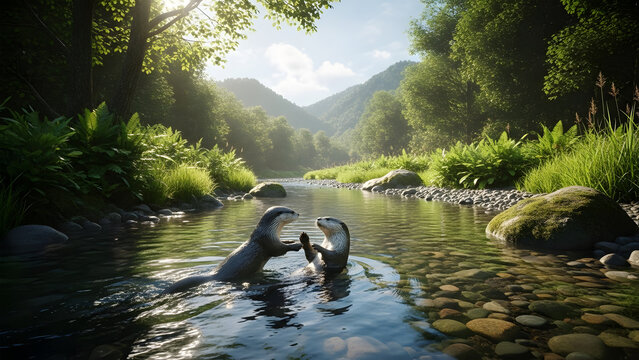 Two otters playing in a sun-dappled forest stream surrounded by lush greenery and mossy rocks