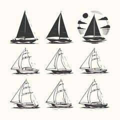 Vector art of collection of nine vintage sailboat illustrations, each depicting a different sailing vessel in a unique artistic style, isolated on a cream background