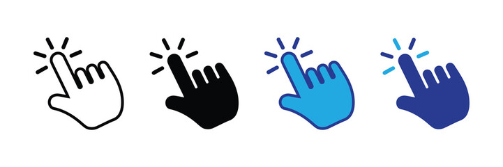Collection of four stylized cursor hand icons representing click action, selection, and digital interaction on white background