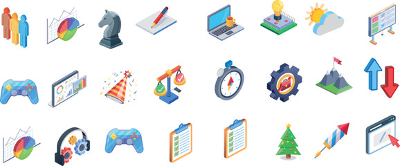 Isometric Business, Technology, Gaming, and Holiday Icons Collection