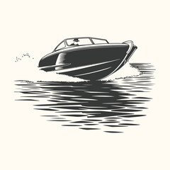 Vector art of vintage speedboat cutting through water with a wake behind it, rendered in a classic black and white illustration style
