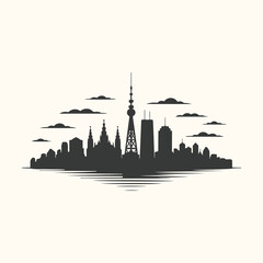 Vector art of silhouette of a modern city skyline with various skyscrapers and a prominent tower, set against a backdrop of stylized clouds and reflected in water