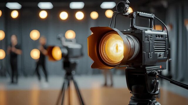 Professional video camera with bright lens captures dynamic scene, showcasing gradual zoom in on equipment, highlighting lighting effects and background activity, creating engaging visual storytelling