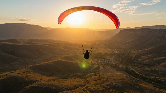 Paraglider Soaring Over Sunset Mountains
