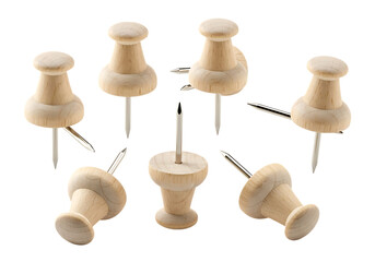 Seven wooden push pins isolated on transparent background are scattered around