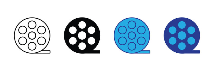 Collection of film reel icons showing different styles and colors like outline, solid black, and vibrant blues, isolated on white background.