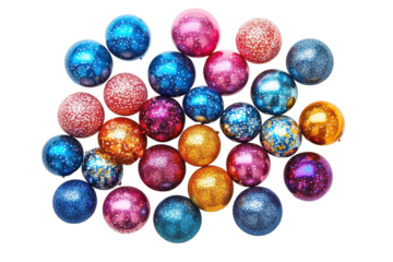 Colorful christmas ornaments and pine cones arrangement for decoration isolated on white background