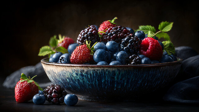 Image of blueberries, blackberries, strawberries and raspberries - assorted fresh berries in a rustic blue ceramic bowl
