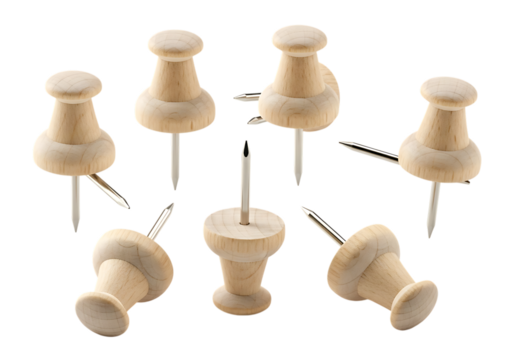 Seven wooden push pins isolated on transparent background are scattered around