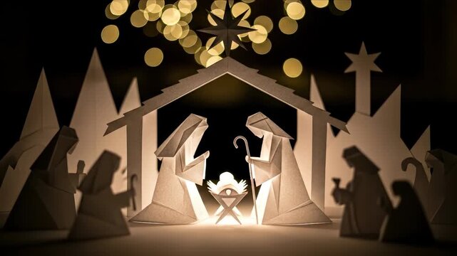Christmas Nativity scene, paper craft figures, Holy Family, Virgin Mary, Saint Joseph, baby Jesus, Three Wise Men, bright Star of Bethlehem, religious celebration, spiritual moment.