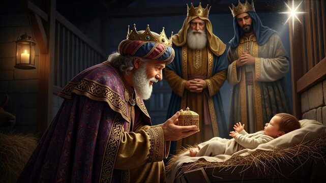 Christmas Nativity, Three Kings adore infant Jesus in Bethlehem stable, bright Star of Bethlehem shines guiding light, spiritual religious biblical story.