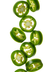 Fresh vibrant green jalapeño pepper slices falling chili food isolated on transparent background