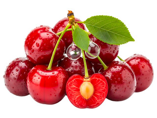 Fresh red cherries pile with water drops and a cut cherry half isolated on transparent background
