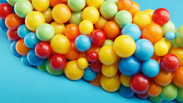 Vibrant colorful gumballs and candies scattered on a bright blue background, creating a playful and sweet abstract pattern for confectionery, celebration, or children's themes.