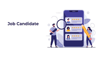 Job Candidate Selection and Recruitment App Illustration. HR specialists evaluating resumes, rating applicants, and choosing the best employee using a mobile device.