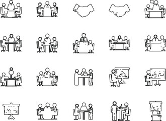 Hand drawn business meeting icons set with people desks and communication for adobe stock