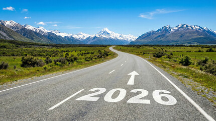 Road leading to 2026 towards majestic mountains