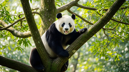 Fototapeta premium A giant panda sitting on a tree branch in a lush green forest with sunlight Keywords: giant panda, bear, animal, wildlife, tree, branch, climbing, sitting, forest