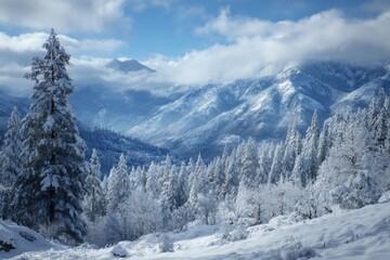 Obraz premium Majestic winter landscape reveals snow-covered trees and mountains under a bright blue sky in a serene and peaceful setting