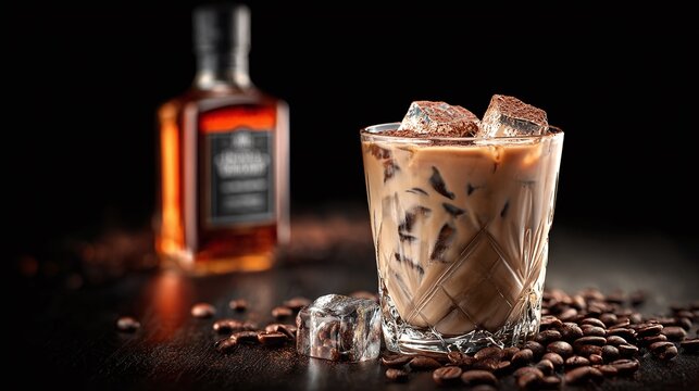 A coffee cocktail, artfully presented against a dark backdrop with coffee beans scattered. The cocktail features iced cubes and a bottle of liquor, promising a refreshing twist.