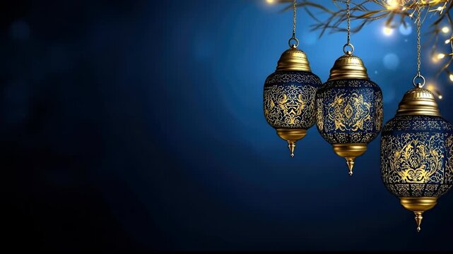 Beautiful golden Islamic lanterns with intricate blue patterns gently illuminate the dark night. Festive ambiance for Laylat al Qadr, Shab e Qadr, and blessed Ramadan celebrations.