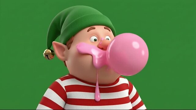 Funny 3D Animated Christmas Elf Character Blowing Bubble Gum That Pops and Splatters on His Face with Alpha Channel Ready Green Background