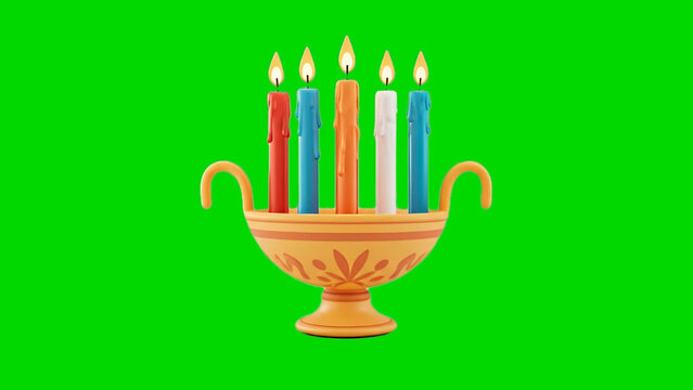 hanukkah menorah with candles: Kinara of Kwanzaa | Stylized 3D render, geometric Kinara icon with five candles (Mishumaa Saba), green background