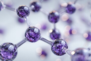 Molecular structure with purple spheres illustrating chemical bonds and arrangements on a white background showcasing molecular science concepts