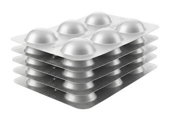 Stack of blister packs with silver pills isolated on transparent background
