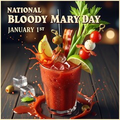 National Bloody Mary Day Cocktail with Bacon Garnish, and January 1st Celebration