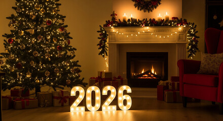 Illuminated 2026 Numbers in Cozy Christmas Living Room Setting.