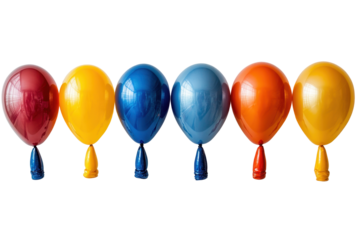 Seven balloons in yellow, red, teal, and blue colors arranged in a horizontal row with a transparent background perfect for graphic design use