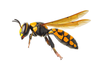 Close-up of a blue, yellow and orange cuckoo wasp, chrysididae, with wings open and visible on white background, macro insect arthropod shot