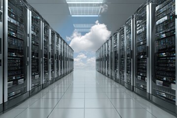 High tech server room with advanced infrastructure and organized layout featuring multiple server racks and a clear ceiling allowing natural light