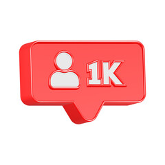 3d rendering icon 1k followers in red color