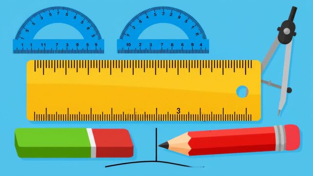 School Supplies Ruler Pencil Eraser Protractor Compass Math Tools.