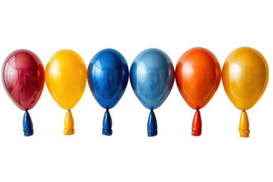 Seven balloons in yellow, red, teal, and blue colors arranged in a horizontal row with a transparent background perfect for graphic design use