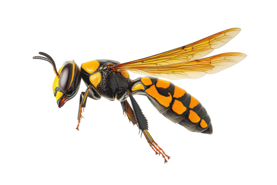 Close-up of a blue, yellow and orange cuckoo wasp, chrysididae, with wings open and visible on white background, macro insect arthropod shot - Powered by Adobe