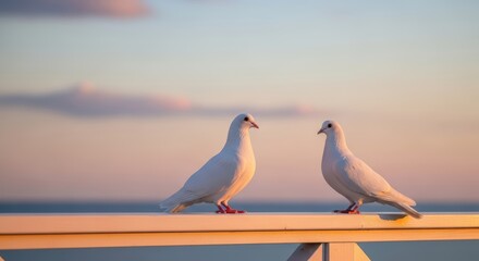 Two white doves perched against a peaceful sunset overlooking the ocean