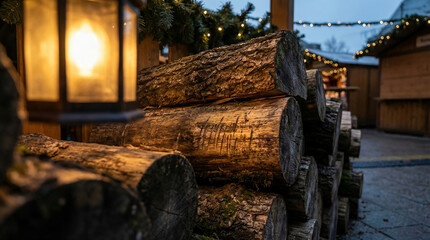 Stack of rough hewn firewood with a warm glow at a traditional European Christmas market
