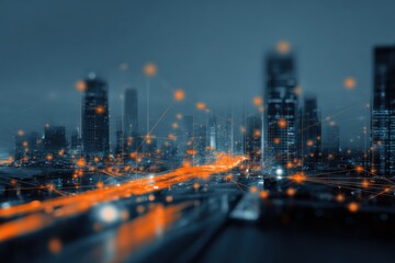 Futuristic city skyline featuring luminous lines and digital elements at twilight showcasing advanced technology and urban life