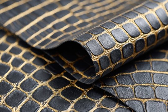 High-end gothic wallpaper featuring luxurious black crocodile leather texture with intricate golden accents, perfect for upscale interior design and elegant decor