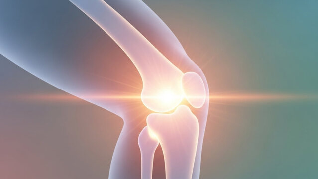Illustration of a human knee joint with a bright spot indicating potential pain or inflammation issue