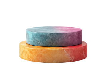Round marble podiums in blue, pink, and orange colors for product display with transparent background, isolated on white for microstock