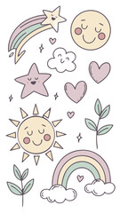 Cute Pastel Doodle Basics Icon Set — Smiles, Stars, Hearts, Clouds ,Cute Pastel Doodle Basics Icon Set — Smiles, Stars, Hearts, Clouds (Vector).