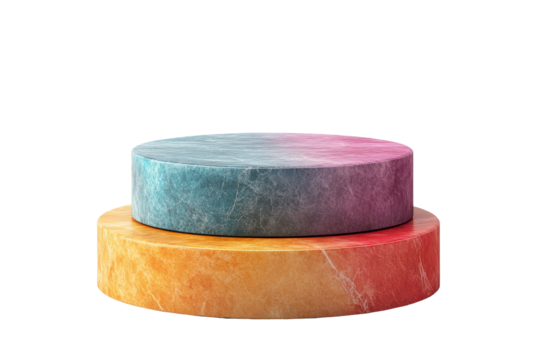 Round marble podiums in blue, pink, and orange colors for product display with transparent background, isolated on white for microstock