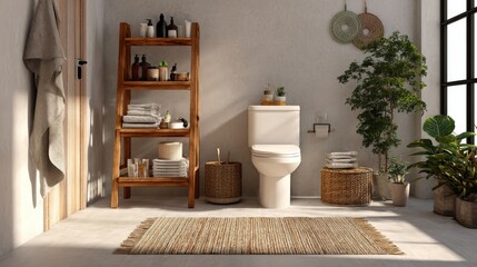 Bright natural bathroom interior with wooden shelves, indoor plants and warm sunlight